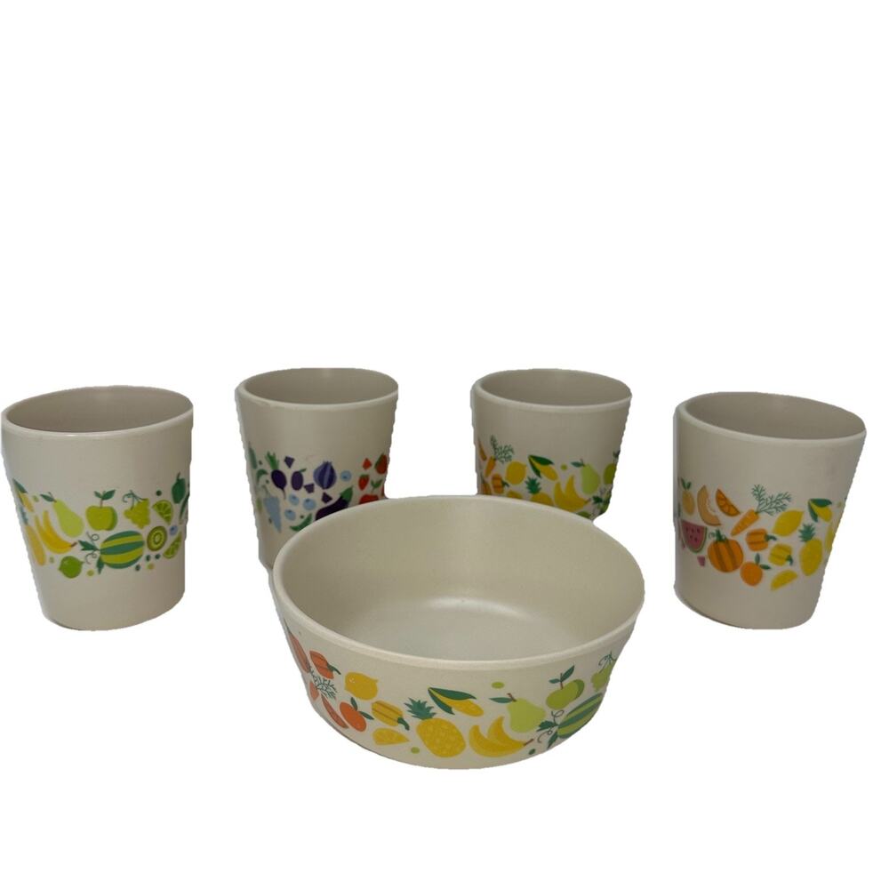 LOT OF 5 - Pillowfort Melamine 4 Cups 1 Bowl - Fruit Vegetables Print